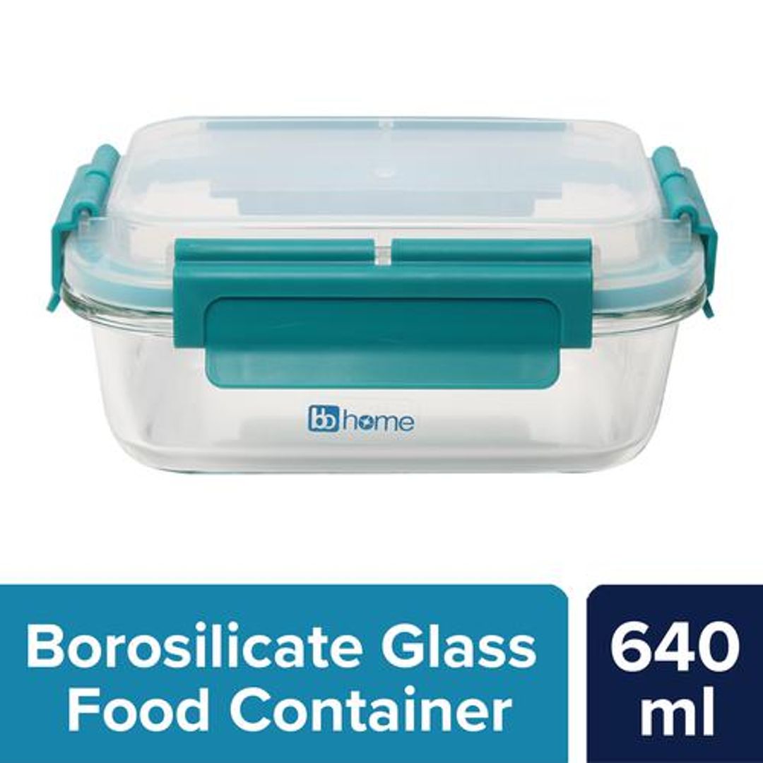 BB Home Glass Lunch Box/Storage Borosilicate Container With Leak-Proof Lid - Rectangular, Green, 640 ml 