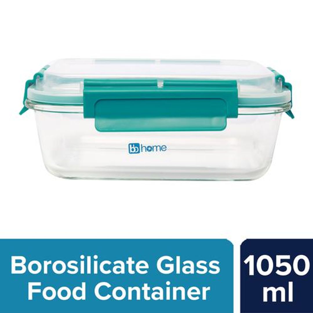 BB Home Glass  Lunch Box/Storage Borosilicate Container With Leak-Proof Lid - Rectangular, Green, 1.05 l 
