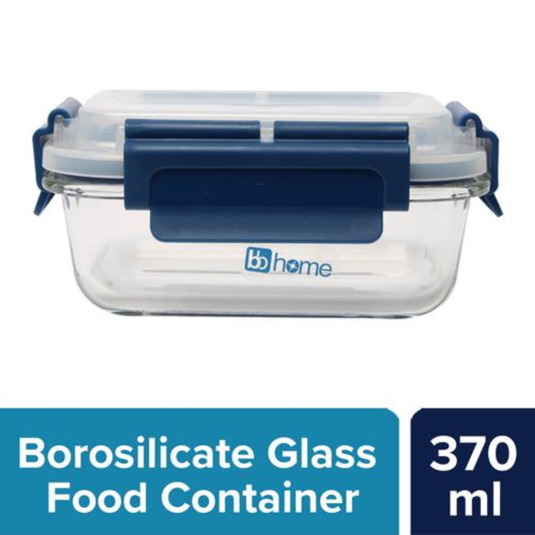 BB Home Glass Lunch Box/Storage Borosilicate Container With Leak-Proof Lid - Rectangular, Blue, 370 ml 