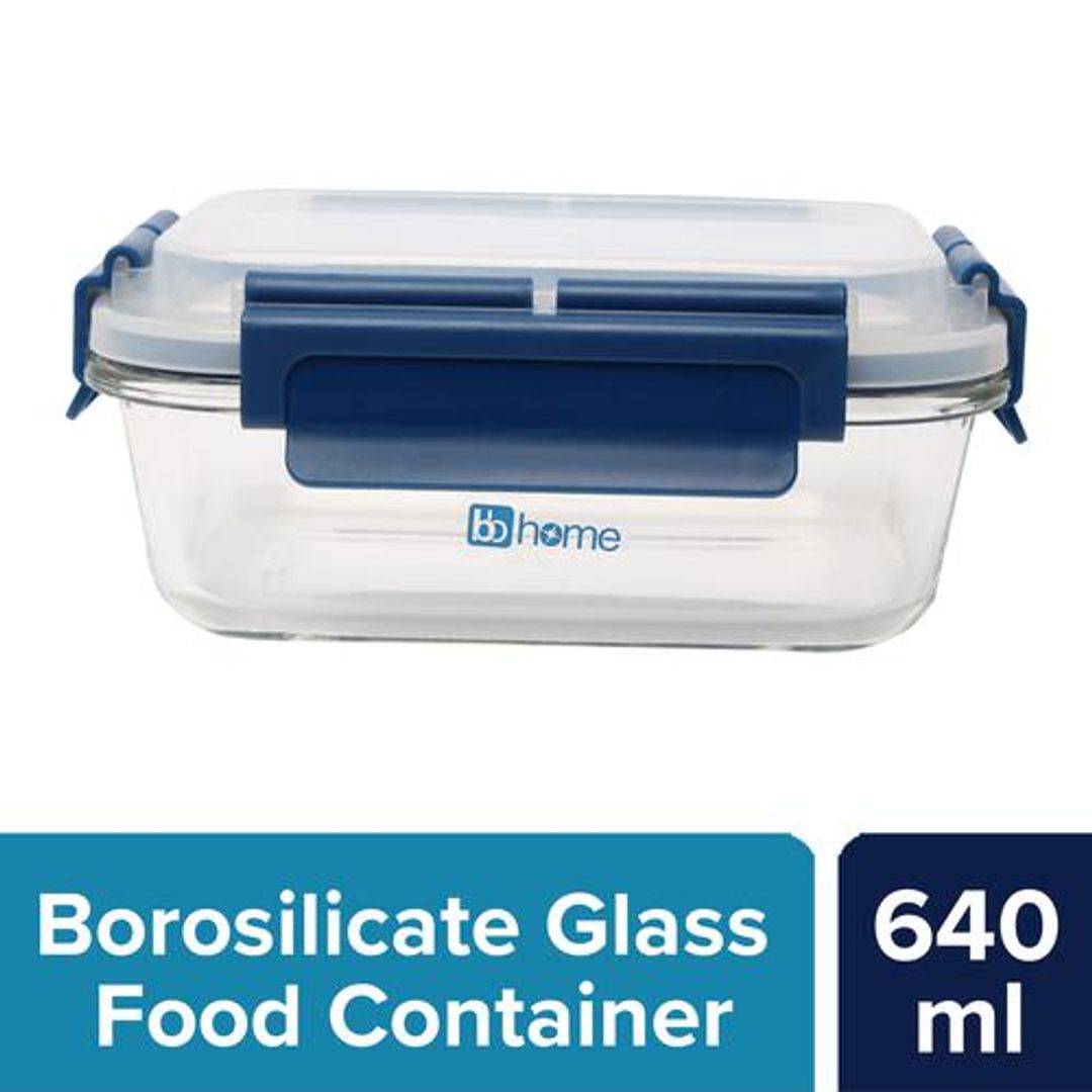 BB Home Glass Lunch Box/Storage Borosilicate Container With Leak Proof Lid - Rectangular, Blue, 640 ml 