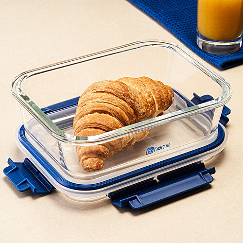 bb home Glass Lunch Box/Storage Borosilicate Container With Leak-Proof Lid - Rectangular, Blue, 1.05 l  