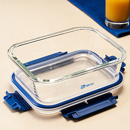 bb home Glass Lunch Box/Storage Borosilicate Container With Leak-Proof Lid - Rectangular, Blue, 1.05 l  