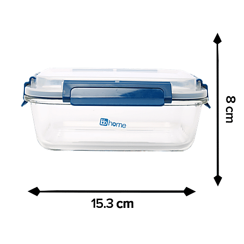 bb home Glass Lunch Box/Storage Borosilicate Container With Leak-Proof Lid - Rectangular, Blue, 1.05 l  