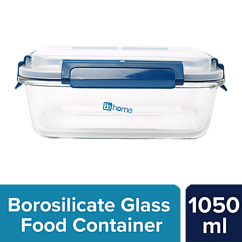 bb home Glass Lunch Box/Storage Borosilicate Container With Leak-Proof Lid - Rectangular, Blue, 1.05 l  