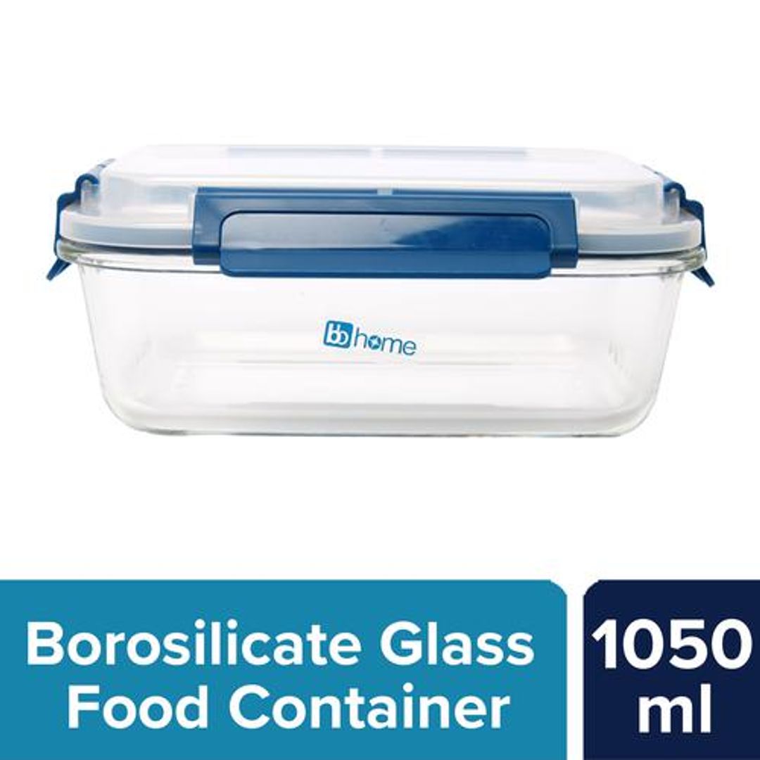 BB Home Glass Lunch Box/Storage Borosilicate Container With Leak-Proof Lid - Rectangular, Blue, 1.05 l 