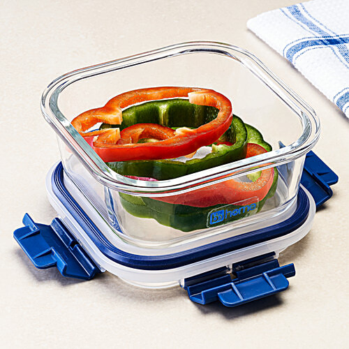 bb home Glass Lunch Box/Storage Borosilicate Container With Leak-Proof Lid - Square, Blue, 520 ml  