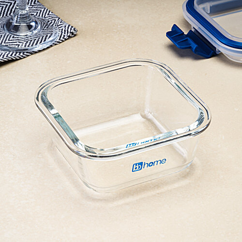 bb home Glass Lunch Box/Storage Borosilicate Container With Leak-Proof Lid - Square, Blue, 520 ml  