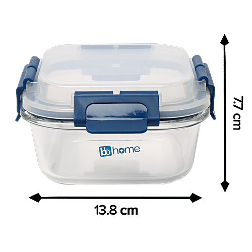 bb home Glass Lunch Box/Storage Borosilicate Container With Leak-Proof Lid - Square, Blue, 520 ml  