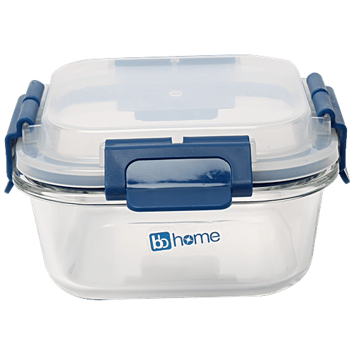 bb home Glass Lunch Box/Storage Borosilicate Container With Leak-Proof Lid - Square, Blue, 520 ml  