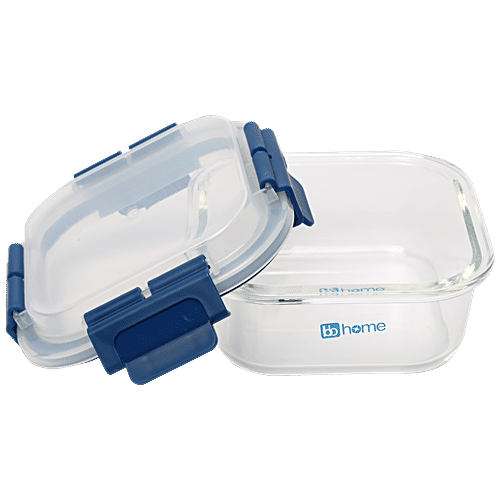 bb home Glass Lunch Box/Storage Borosilicate Container With Leak-Proof Lid - Square, Blue, 520 ml  