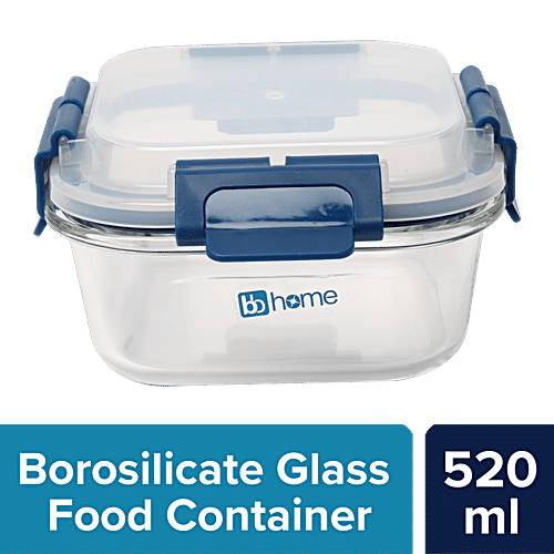 bb home Glass Lunch Box/Storage Borosilicate Container With Leak-Proof Lid - Square, Blue, 520 ml  