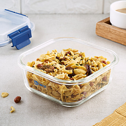 bb home Glass Lunch Box/Storage Borosilicate Container With Leak Proof Lid - Square, Blue, 800 ml  