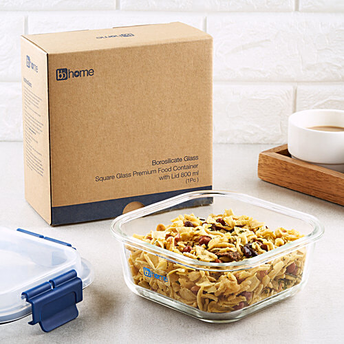 bb home Glass Lunch Box/Storage Borosilicate Container With Leak Proof Lid - Square, Blue, 800 ml  