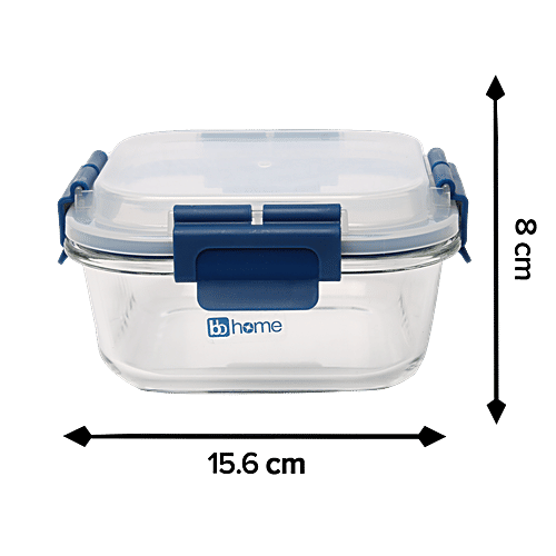 bb home Glass Lunch Box/Storage Borosilicate Container With Leak Proof Lid - Square, Blue, 800 ml  
