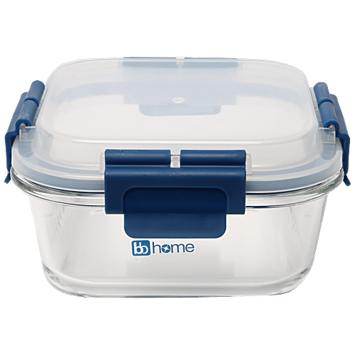 bb home Glass Lunch Box/Storage Borosilicate Container With Leak Proof Lid - Square, Blue, 800 ml  