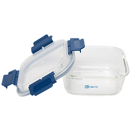bb home Glass Lunch Box/Storage Borosilicate Container With Leak Proof Lid - Square, Blue, 800 ml  