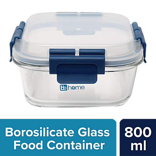 bb home Glass Lunch Box/Storage Borosilicate Container With Leak Proof Lid - Square, Blue, 800 ml  