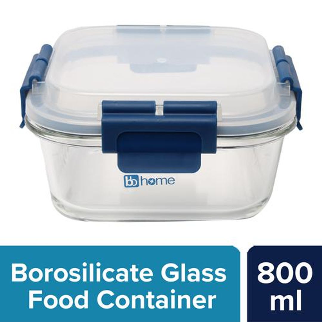 BB Home Glass Lunch Box/Storage Borosilicate Container With Leak Proof Lid - Square, Blue, 800 ml 