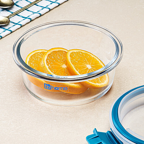 bb home Glass Lunch Box/Storage Borosilicate Container With Leak-Proof Lid - Round, Green, 400 ml  