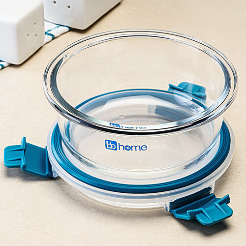 bb home Glass Lunch Box/Storage Borosilicate Container With Leak-Proof Lid - Round, Green, 400 ml  