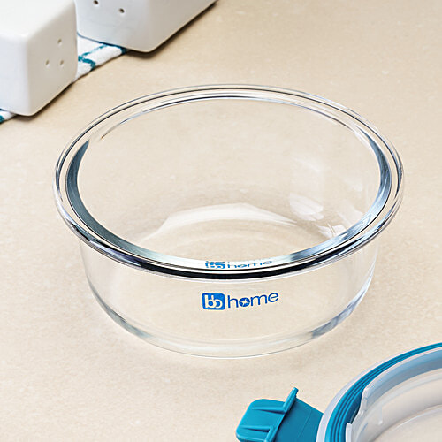 bb home Glass Lunch Box/Storage Borosilicate Container With Leak-Proof Lid - Round, Green, 400 ml  