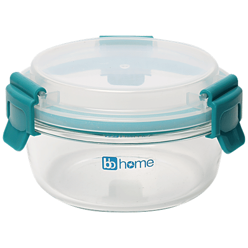 bb home Glass Lunch Box/Storage Borosilicate Container With Leak-Proof Lid - Round, Green, 400 ml  