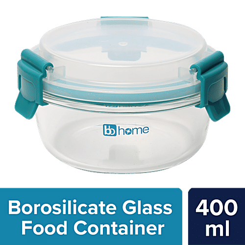 bb home Glass Lunch Box/Storage Borosilicate Container With Leak-Proof Lid - Round, Green, 400 ml  