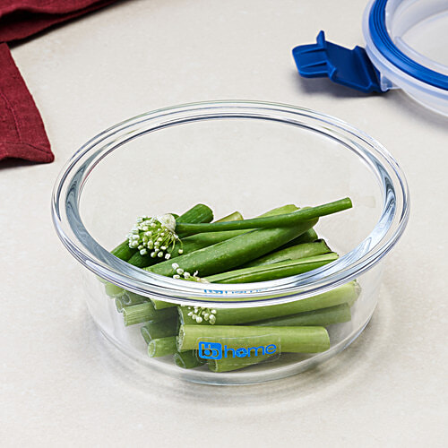 bb home Glass Lunch Box/Storage Borosilicate Container With Leak-Proof Lid - Round, Blue, 400 ml  