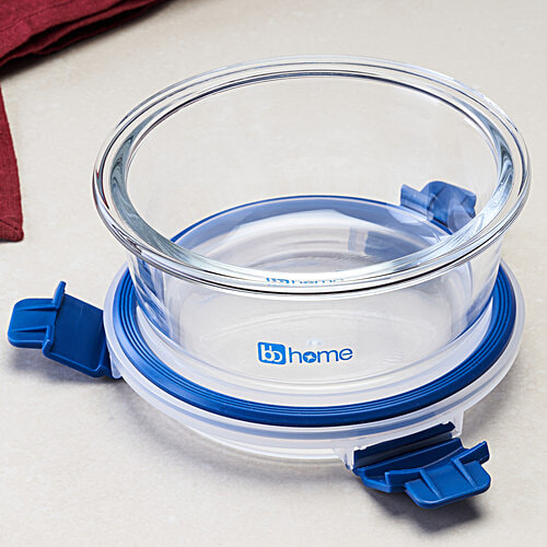 bb home Glass Lunch Box/Storage Borosilicate Container With Leak-Proof Lid - Round, Blue, 400 ml  