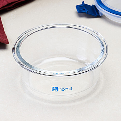 bb home Glass Lunch Box/Storage Borosilicate Container With Leak-Proof Lid - Round, Blue, 400 ml  