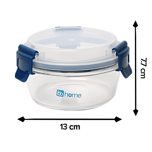 bb home Glass Lunch Box/Storage Borosilicate Container With Leak-Proof Lid - Round, Blue, 400 ml  
