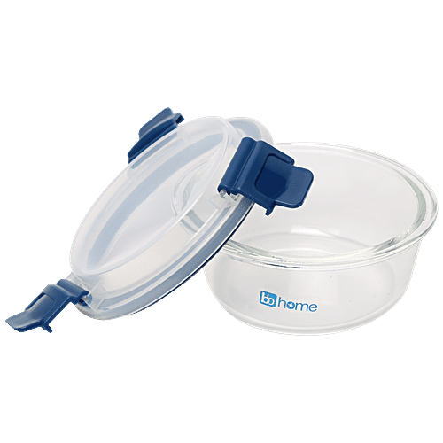 bb home Glass Lunch Box/Storage Borosilicate Container With Leak-Proof Lid - Round, Blue, 400 ml  