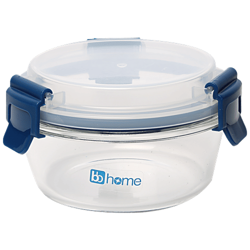 bb home Glass Lunch Box/Storage Borosilicate Container With Leak-Proof Lid - Round, Blue, 400 ml  