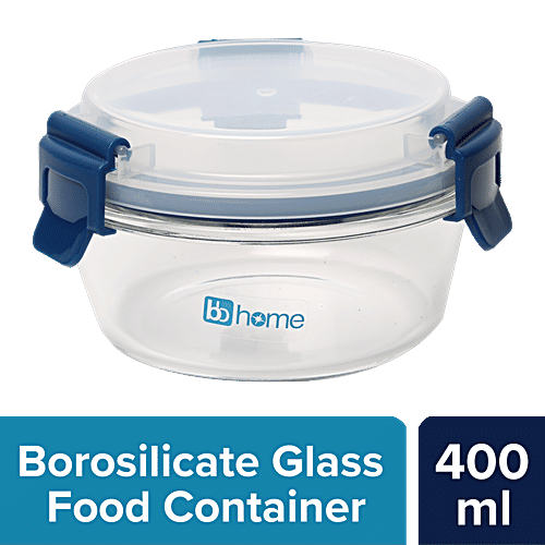 bb home Glass Lunch Box/Storage Borosilicate Container With Leak-Proof Lid - Round, Blue, 400 ml  