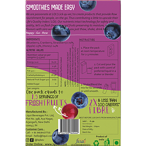 LQI Blueberry Kiss Smoothie Pack - Fresh Fruits, Ready To Make, 150 g  