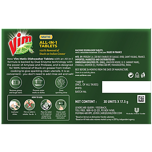Vim Matic All-In-1 Machine Dishwash Tablets, 30 pcs Removes Tough Grease Sparkling Clean Utensils