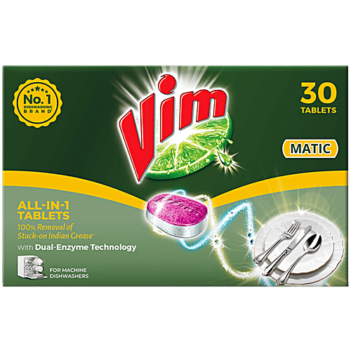 Vim Matic All-In-1 Machine Dishwash Tablets, 30 pcs Removes Tough Grease Sparkling Clean Utensils