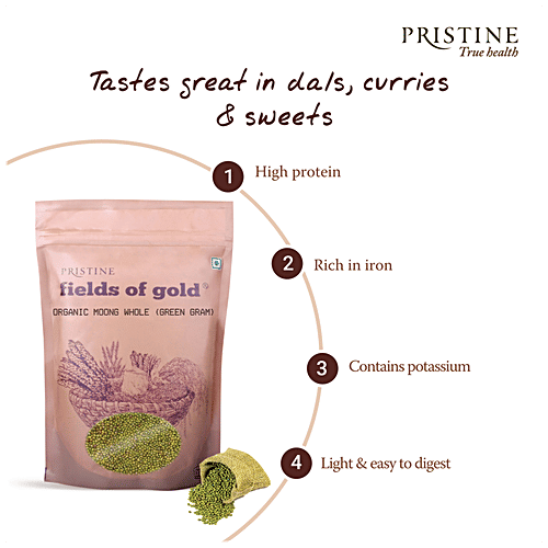 PRISTINE Fields Of Gold Organic Moong Whole - Green Gram, 500 g  