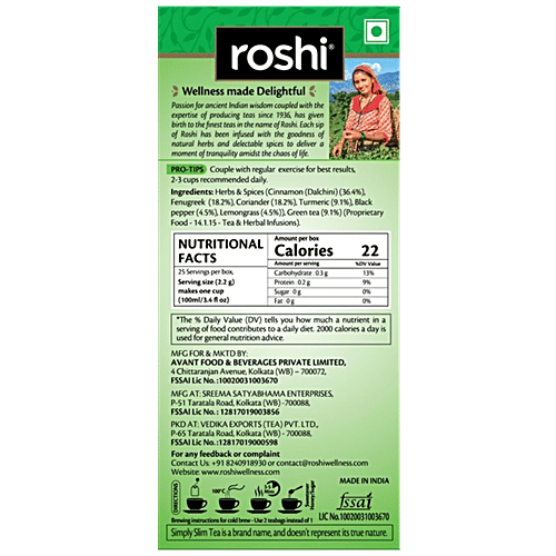 Roshi Green Tea - Simply Slim Lemongrass Cinnamon, Metabolism & Weight Loss Aid, 55 g (25 Tea Bags x 2.2 g Each) 