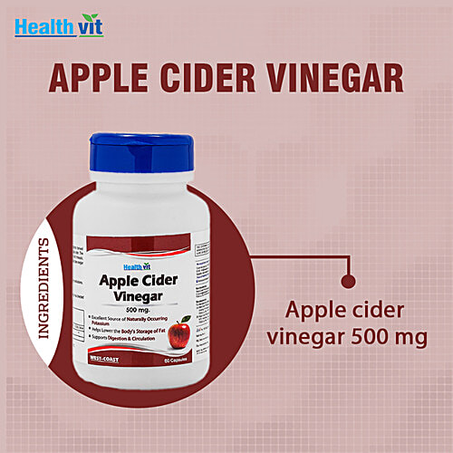Healthvit Apple Cider Vinegar 500 mg Capsules - For Weight Loss & Detox, 60 pcs  