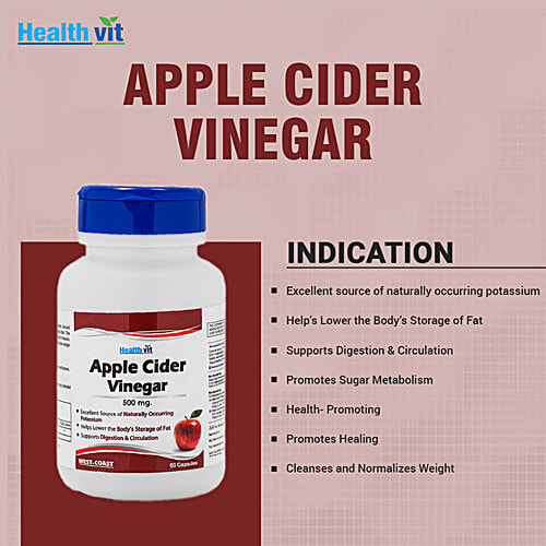 Healthvit Apple Cider Vinegar 500 mg Capsules - For Weight Loss & Detox, 60 pcs  