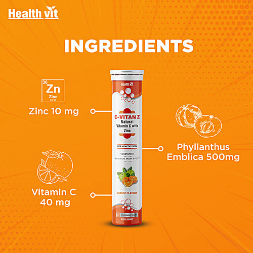 Healthvit C-Vitan-Z Natural Vitamin C 500 mg With Zinc Effervescent Tablets - Orange Flavour, 20 pcs  