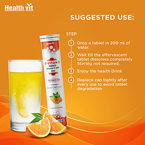 Healthvit C-Vitan-Z Natural Vitamin C 500 mg With Zinc Effervescent Tablets - Orange Flavour, 20 pcs  