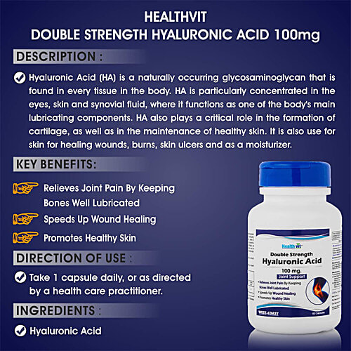 Healthvit Double Strength Hyaluronic Acid 100 mg Capsules - Joint Support, Relieves Joint Pain, 60 pcs  
