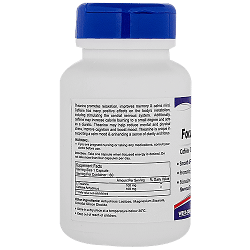 Healthvit Focus & Energy Caffeine 100 mg + L-Theanine 100 mg Capsules - Promotes Relaxation, 60 pcs