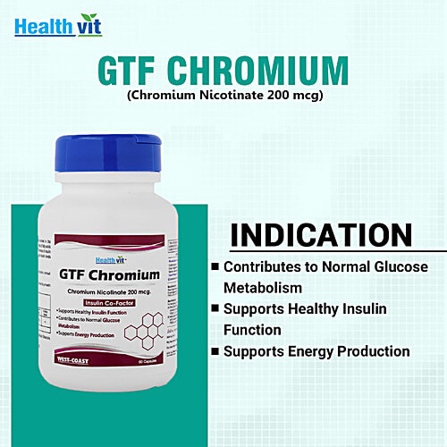 Healthvit GTF Chromium Nicotinate 200 mcg Capsules - Maintain Healthy Blood Sugar Levels, Supports Glucose Metabolism, 60 pcs  
