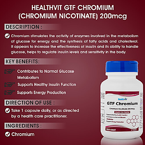 Healthvit GTF Chromium Nicotinate 200 mcg Capsules - Maintain Healthy Blood Sugar Levels, Supports Glucose Metabolism, 60 pcs  