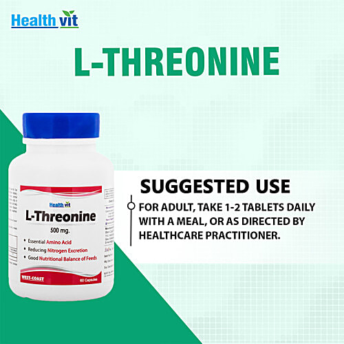 Healthvit L-Threonine 500 mg Capsules - Essential Amino Acid, 60 pcs  