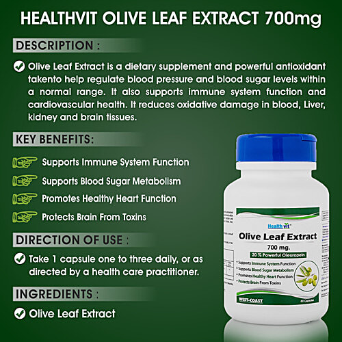 Healthvit Olive Leaf Extract 700 mg Capsules - 20% Powerful Oleuropein, Immune Support, 60 pcs