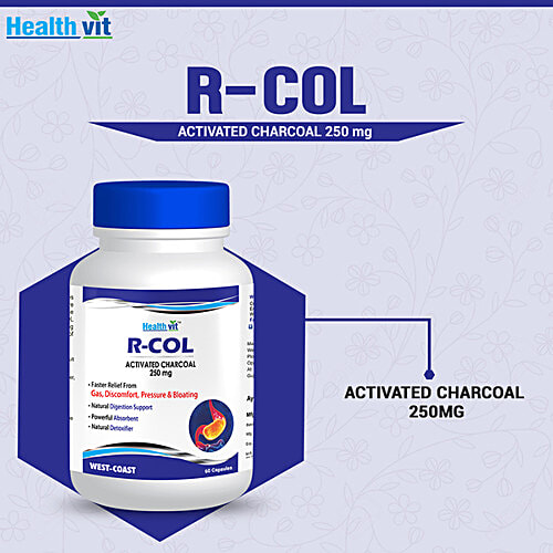Healthvit R-Col Activated Charcoal 250 mg Capsules - Natural Digestion Support, 60 pcs  